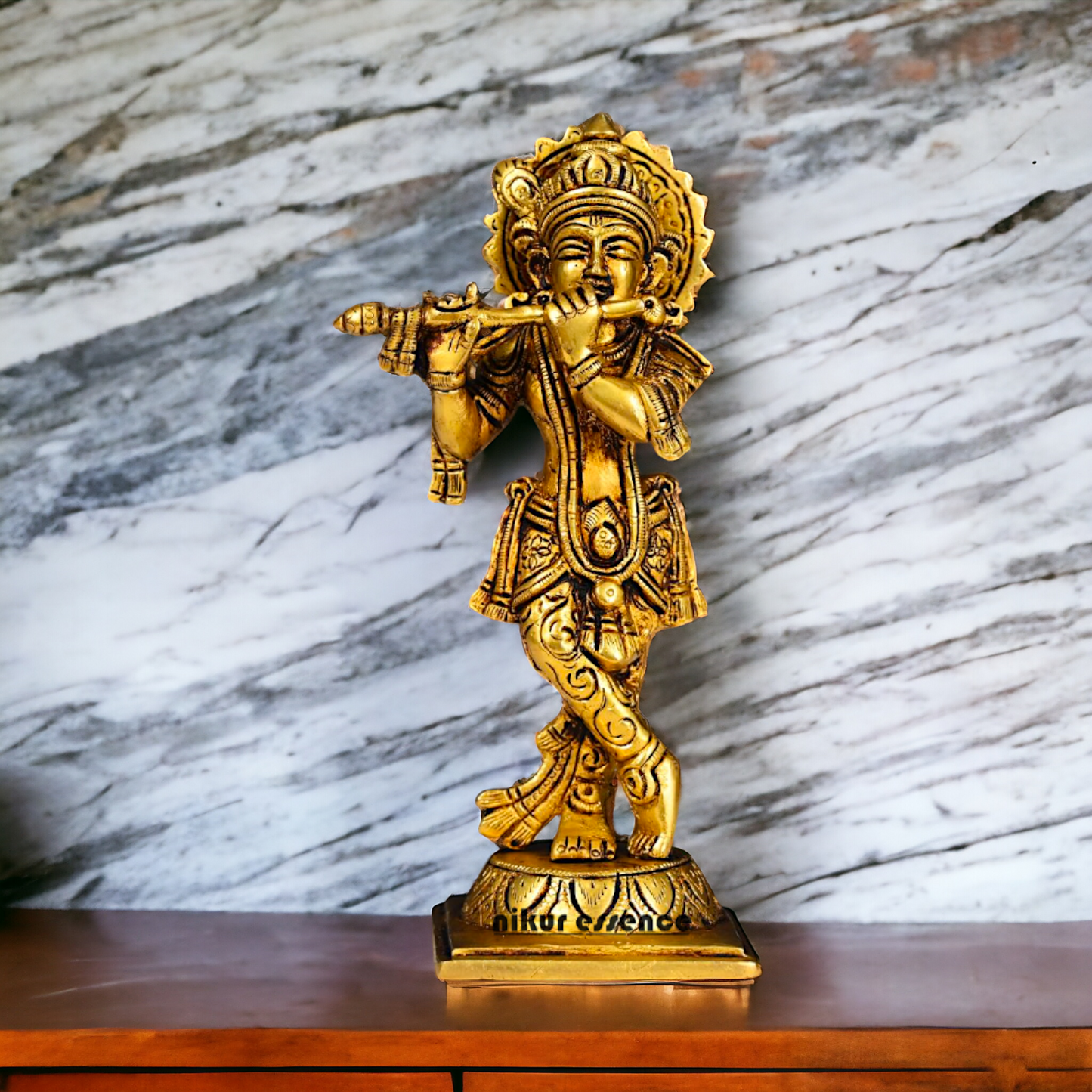 Superfine Brass Krishna Standing Playing Flute Pital idol - 7.5 inches Nikuressence