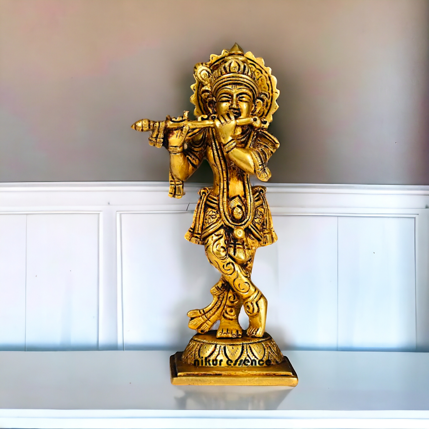 Superfine Brass Krishna Standing Playing Flute Pital idol - 7.5 inches Nikuressence