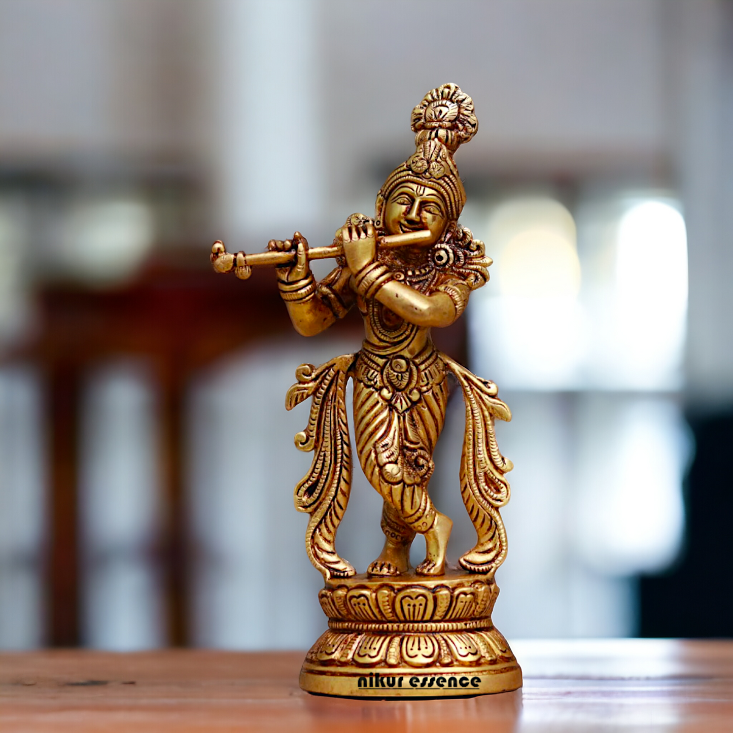 Pital Krishna Playing Flute Brass idol - 9.1 inches Nikuressence