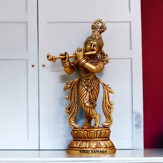 Pital Krishna Playing Flute Brass idol - 9.1 inches Nikuressence