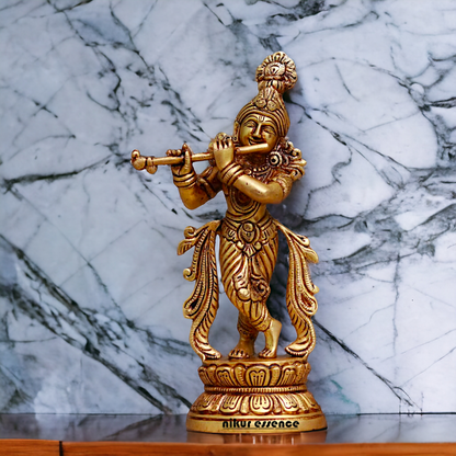 Pital Krishna Playing Flute Brass idol - 9.1 inches Nikuressence
