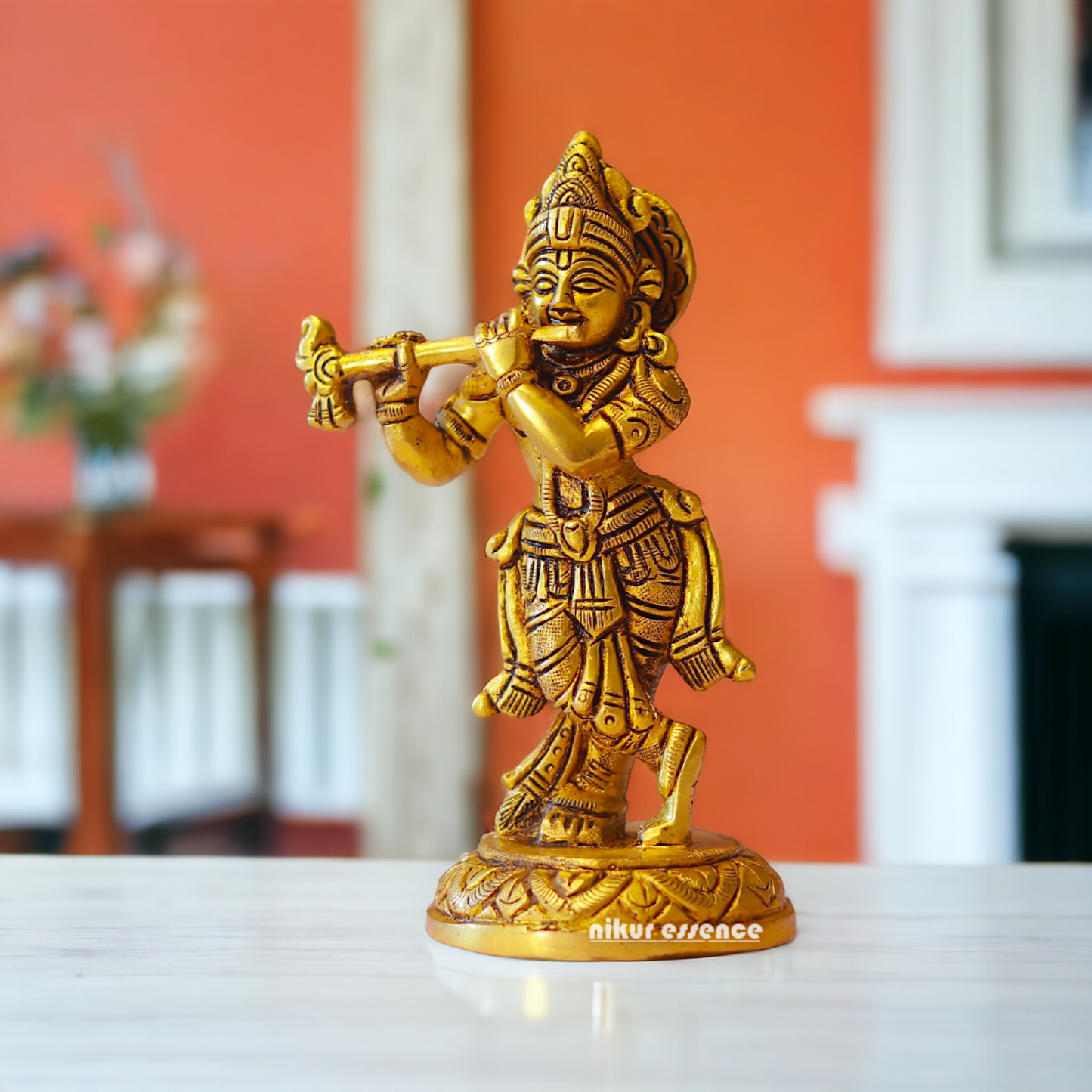 Krishna Bhagwan Playing Flute Brass Idol - 5.5 inches Nikuressence