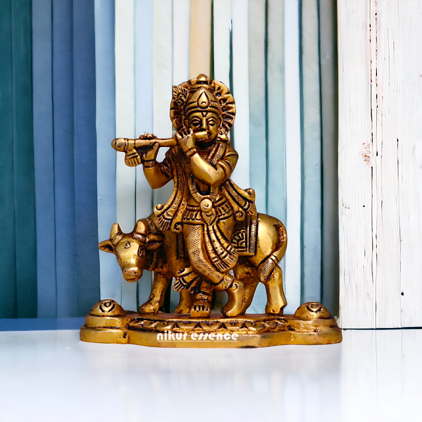 Pital Krishna Bhagwan Cow with Playing Flute Brass Idol - 4.2 inches Nikuressence