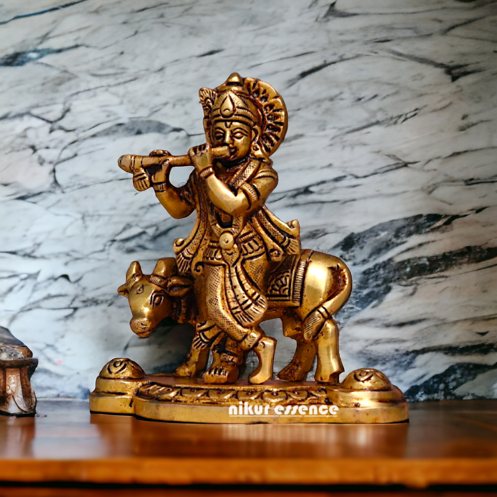 Pital Krishna Bhagwan Cow with Playing Flute Brass Idol - 4.2 inches Nikuressence