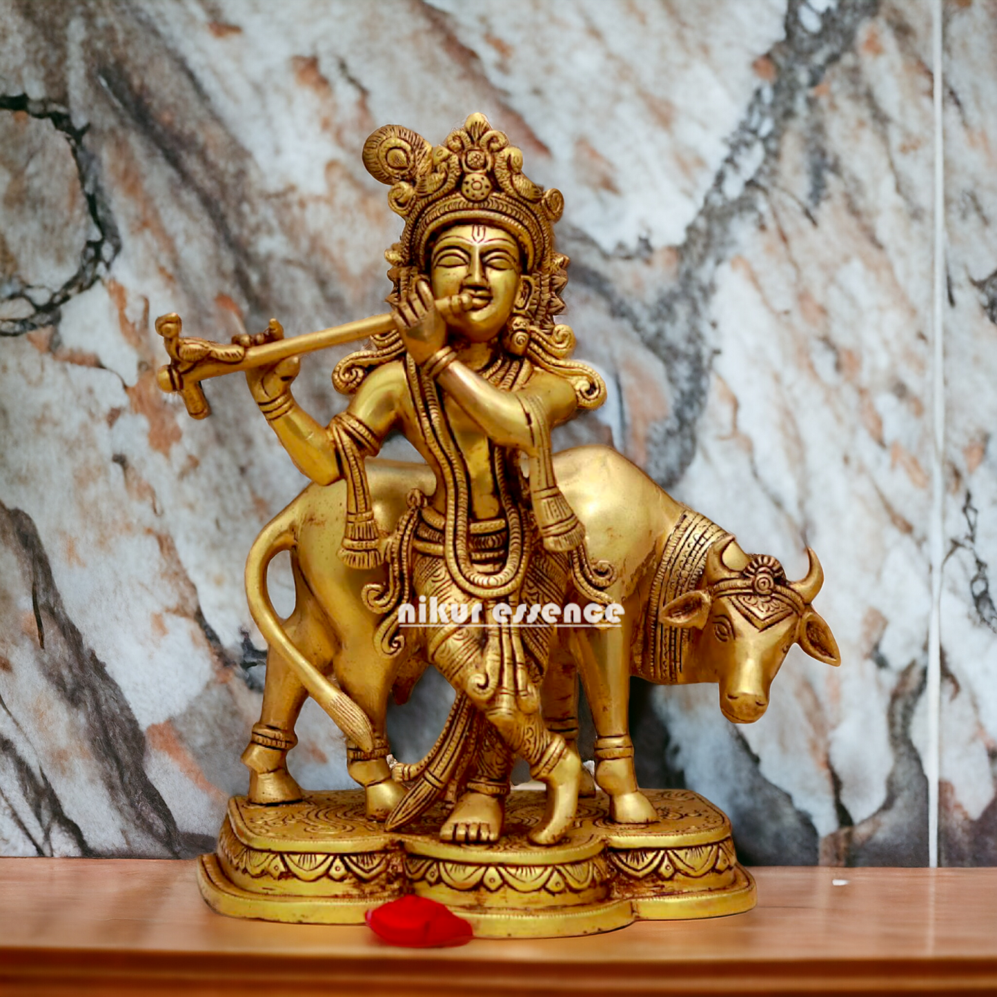 Pital Krishna with cow solid Brass idol - 10.7 Inches Nikuressence