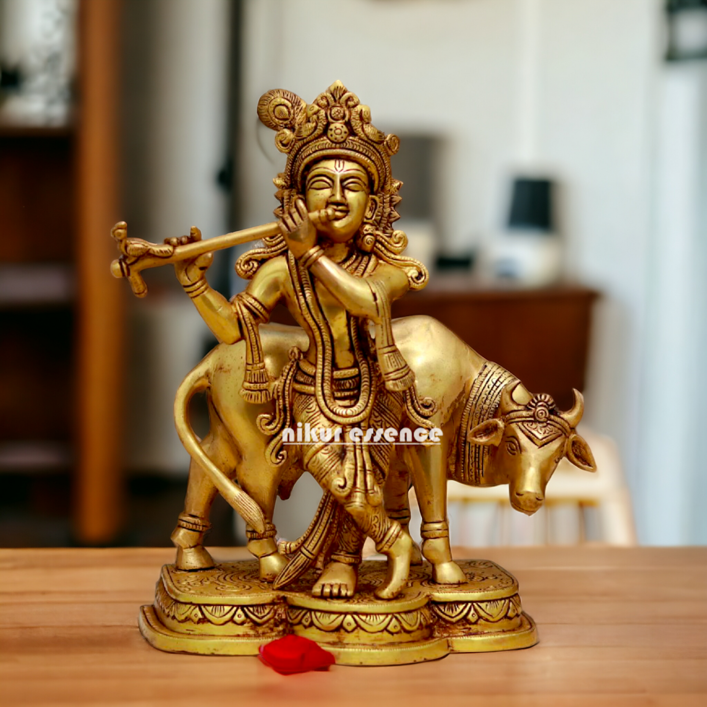 Pital Krishna with cow solid Brass idol - 10.7 Inches Nikuressence