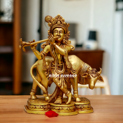 Pital Krishna with cow solid Brass idol - 10.7 Inches Nikuressence