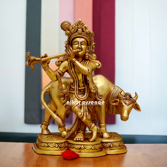 Pital Krishna with cow solid Brass idol - 10.7 Inches Nikuressence