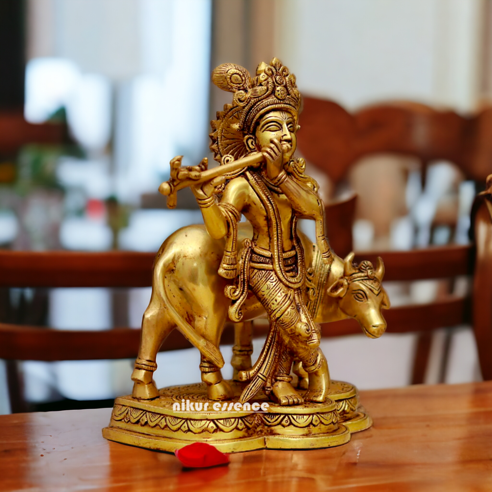 Pital Krishna with cow solid Brass idol - 10.7 Inches Nikuressence
