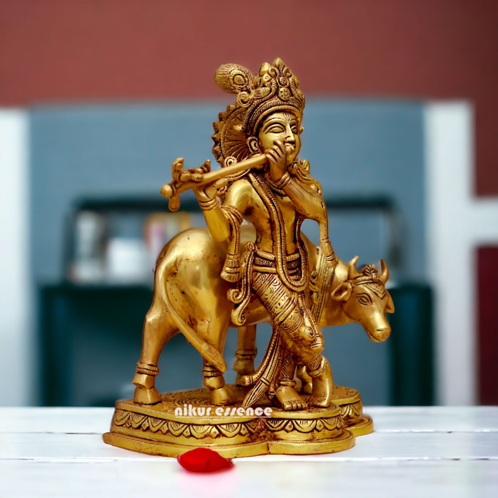 Pital Krishna with cow solid Brass idol - 10.7 Inches Nikuressence