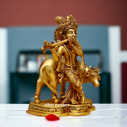 Pital Krishna with cow solid Brass idol - 10.7 Inches Nikuressence