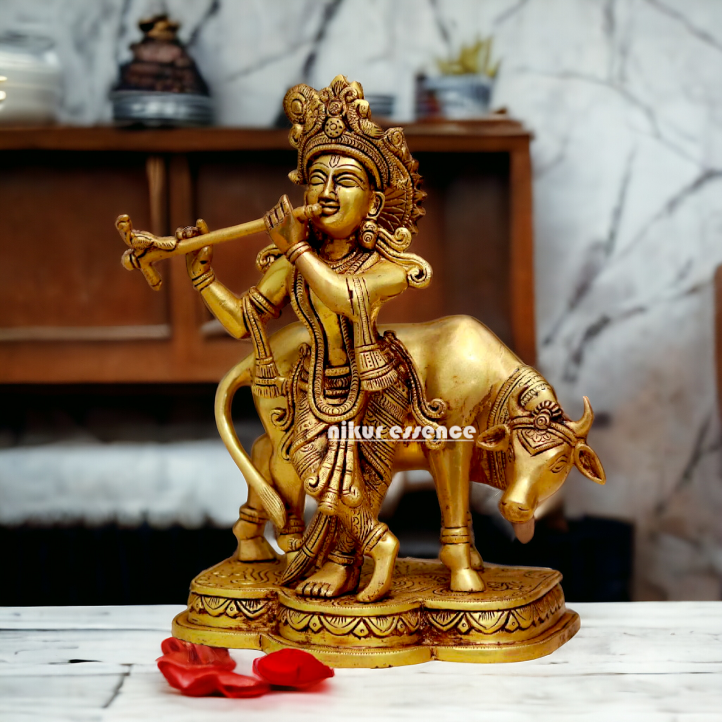 Pital Krishna with cow solid Brass idol - 10.7 Inches Nikuressence