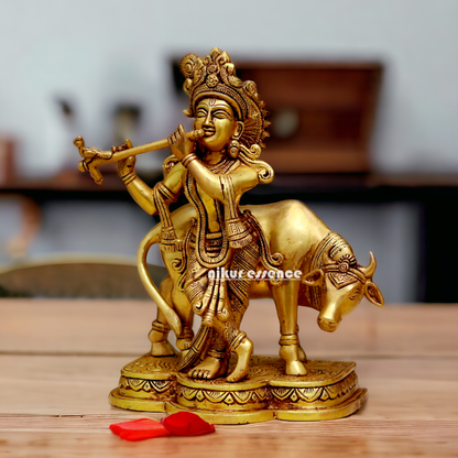 Pital Krishna with cow solid Brass idol - 10.7 Inches Nikuressence