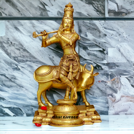 Krishna Murli with cow pure Brass idol - 24 Inches Nikuressence