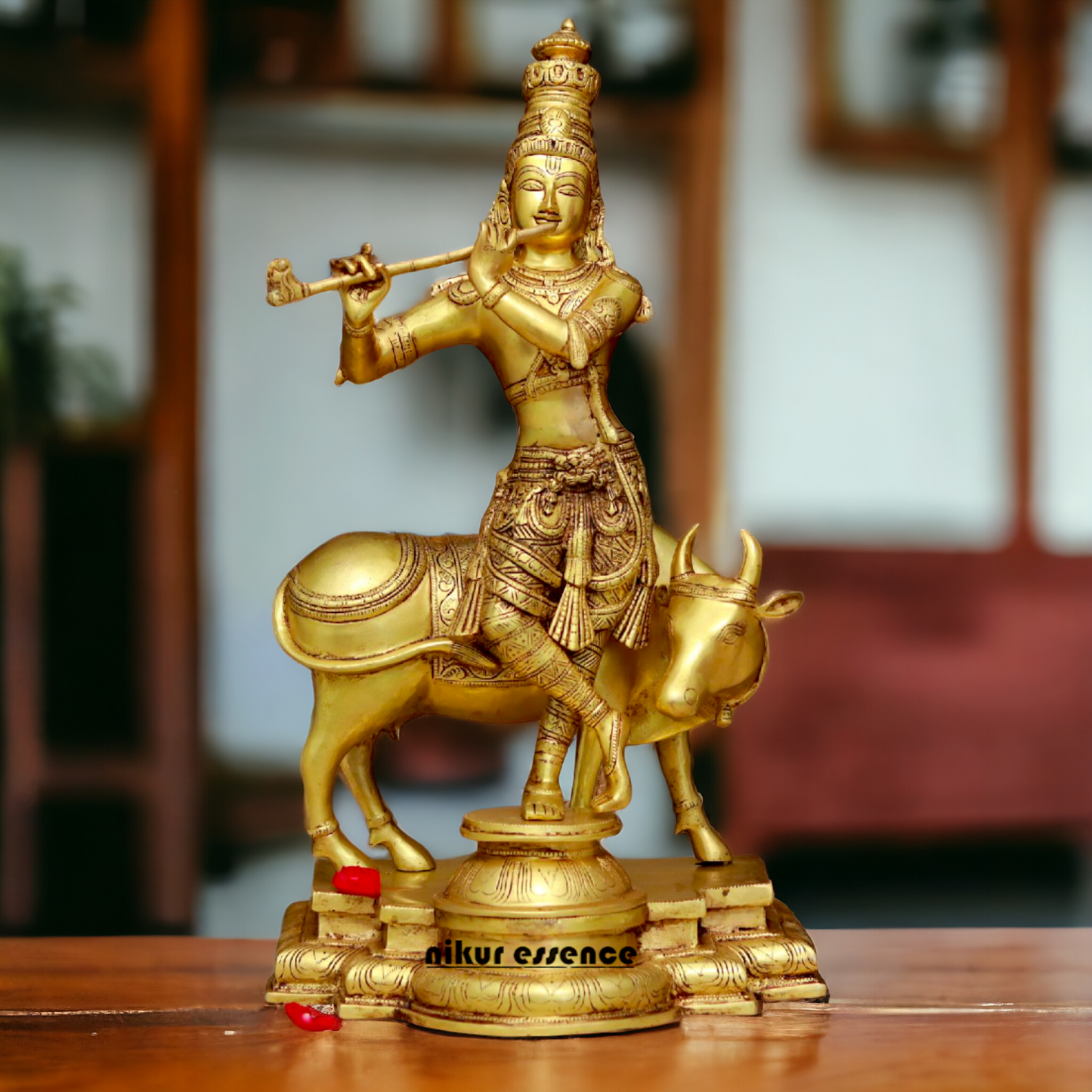 Krishna Murli with cow pure Brass idol - 24 Inches Nikuressence