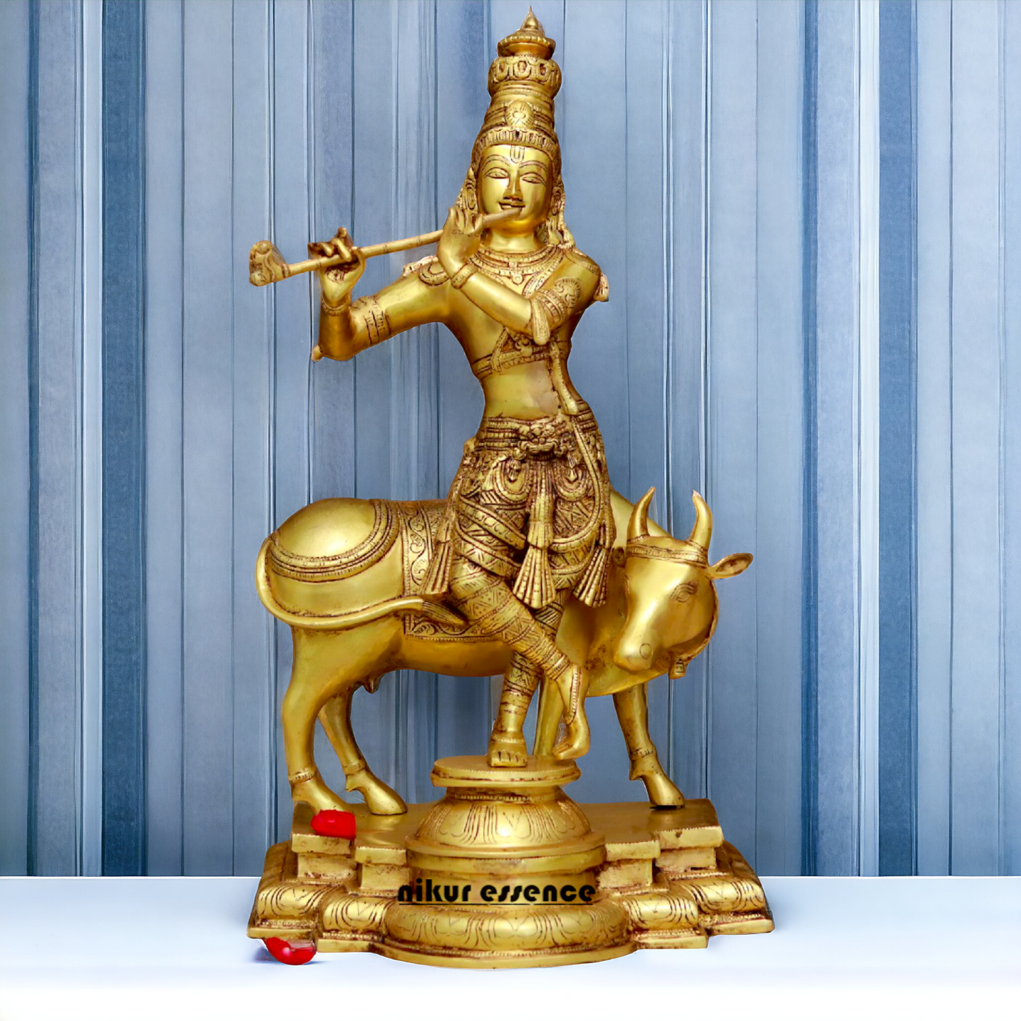 Krishna Murli with cow pure Brass idol - 24 Inches Nikuressence