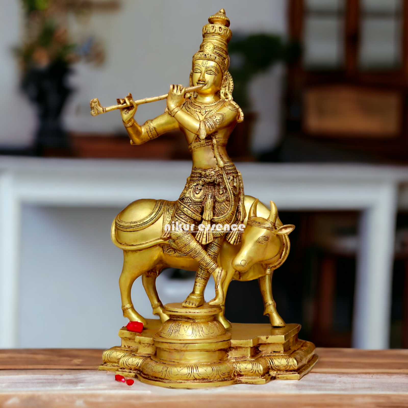Krishna Murli with cow pure Brass idol - 24 Inches Nikuressence