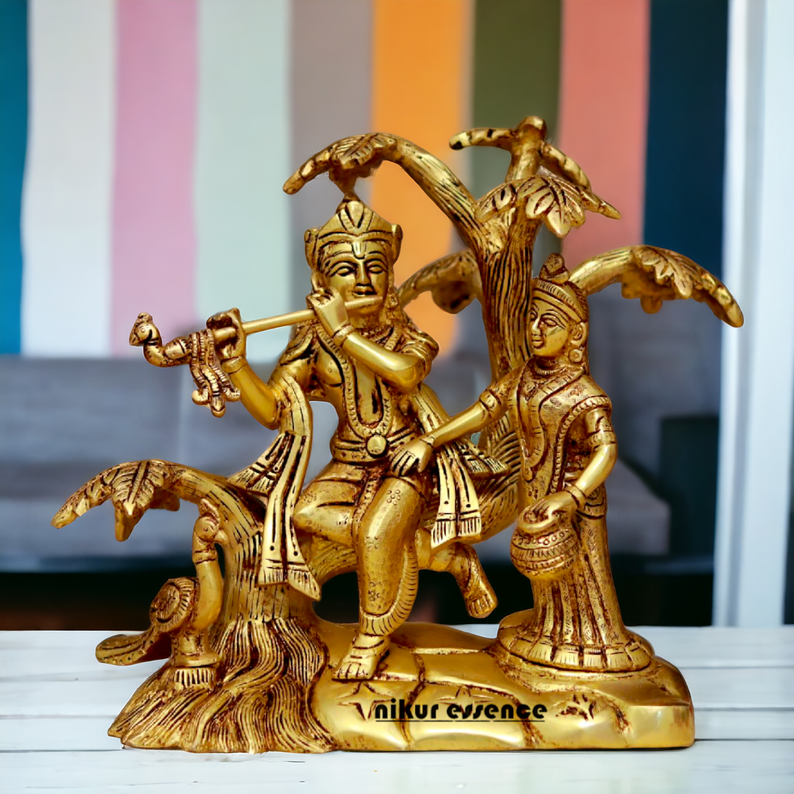 Radha Krishna Murli Playing Flute with Tree Pital Pure Brass idol - 8.6 Inches Nikuressence