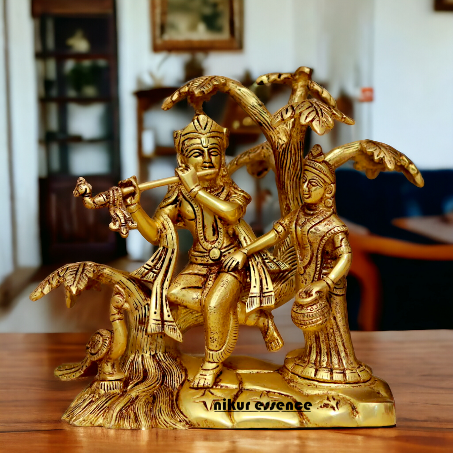 Radha Krishna Murli Playing Flute with Tree Pital Pure Brass idol - 8.6 Inches Nikuressence