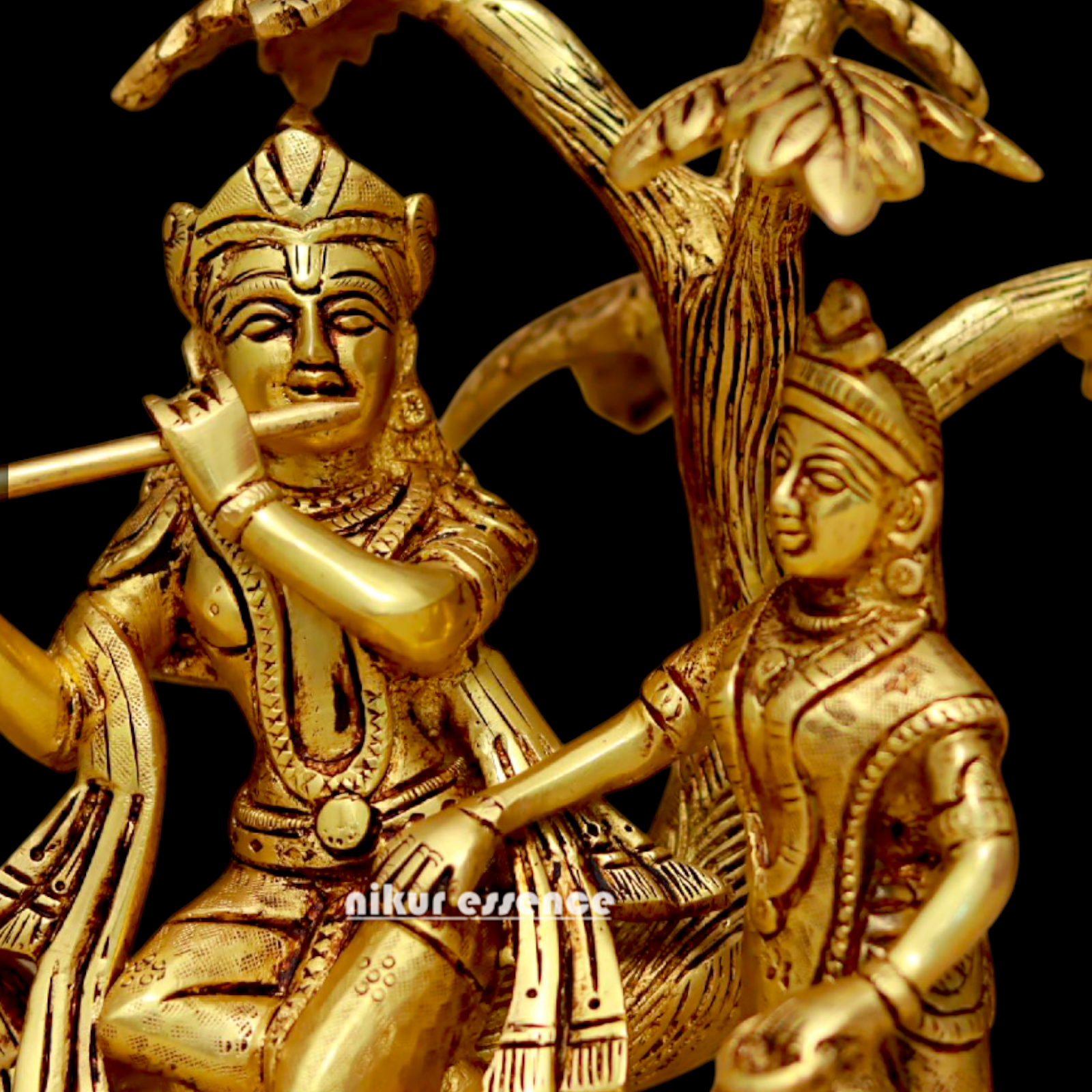 Radha Krishna Murli Playing Flute with Tree Pital Pure Brass idol - 8.6 Inches Nikuressence