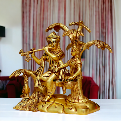 Radha Krishna Murli Playing Flute with Tree Pital Pure Brass idol - 8.6 Inches Nikuressence
