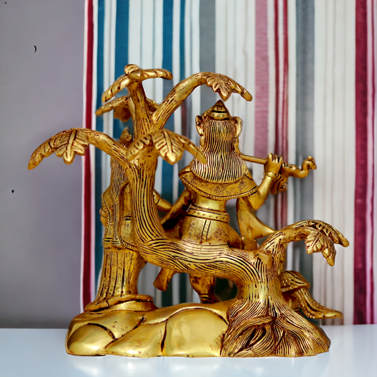 Radha Krishna Murli Playing Flute with Tree Pital Pure Brass idol - 8.6 Inches Nikuressence