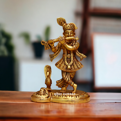 Pital Krishna Standing with Peacock idol - 6.1 Inches Nikuressence