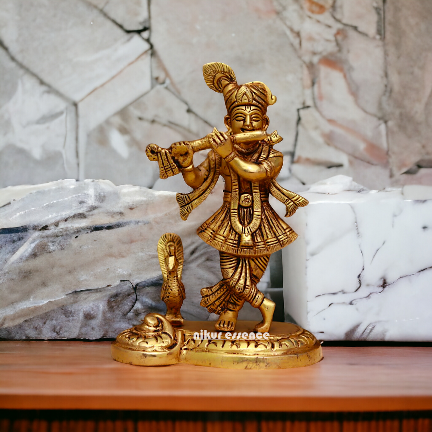 Pital Krishna Standing with Peacock idol - 6.1 Inches Nikuressence