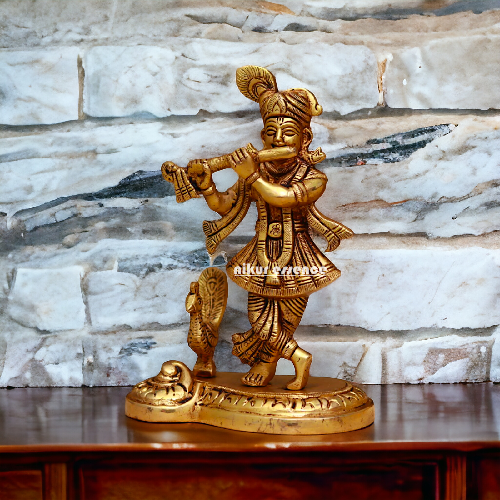 Pital Krishna Standing with Peacock idol - 6.1 Inches Nikuressence