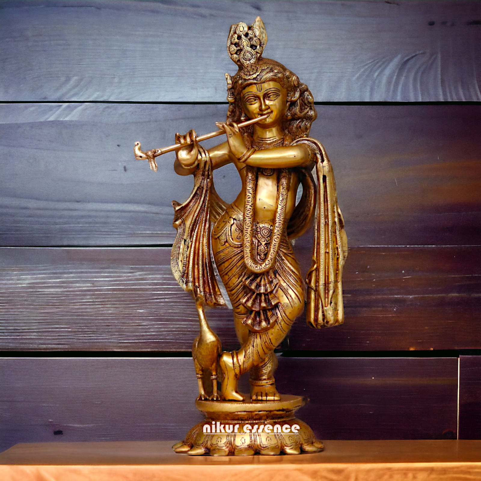 Pure Brass Krishna Playing Flute with peacock idol - 27 Inches Nikuressence