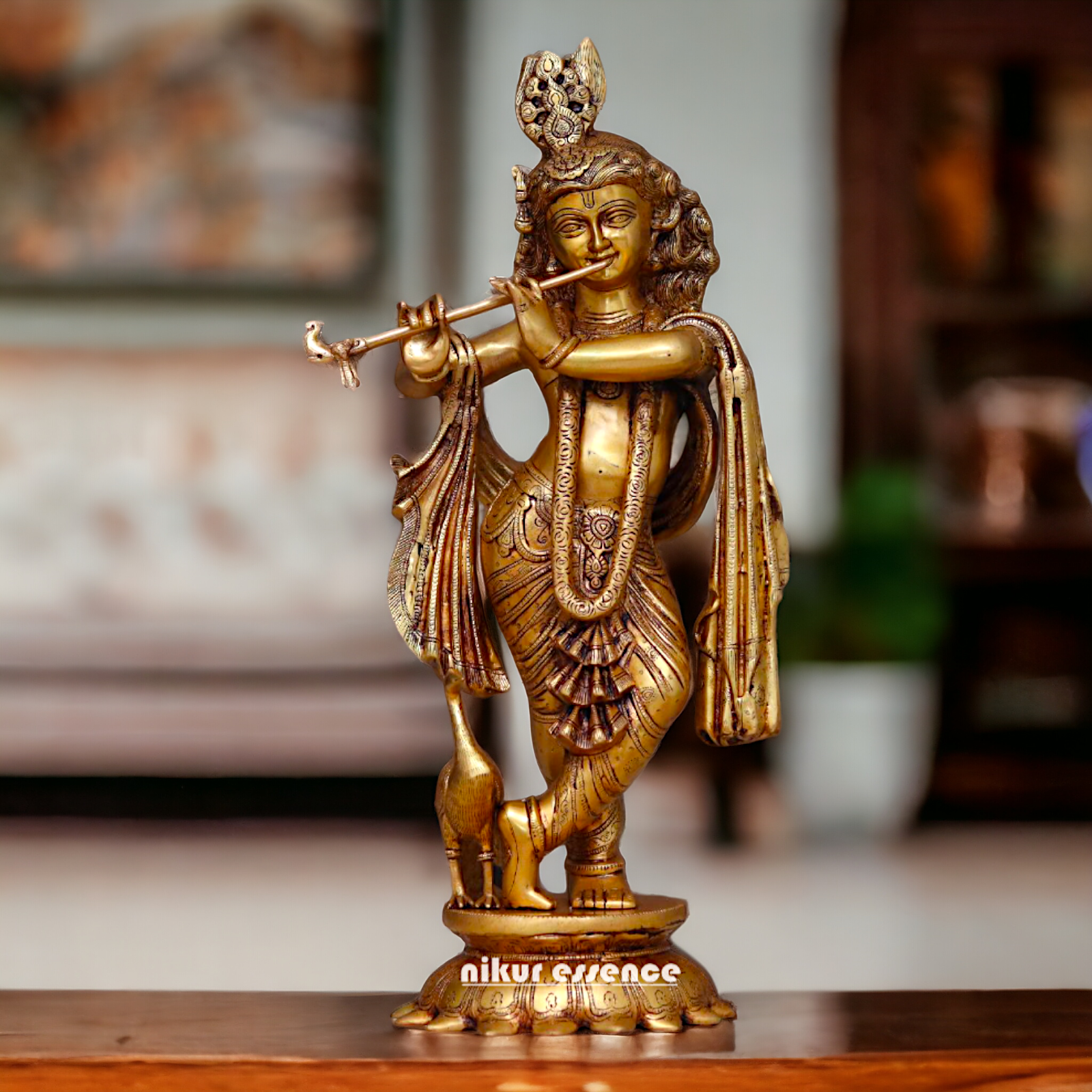 Pure Brass Krishna Playing Flute with peacock idol - 27 Inches Nikuressence