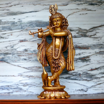 Pure Brass Krishna Playing Flute with peacock idol - 27 Inches Nikuressence