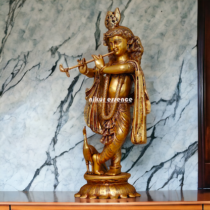 Pure Brass Krishna Playing Flute with peacock idol - 27 Inches Nikuressence