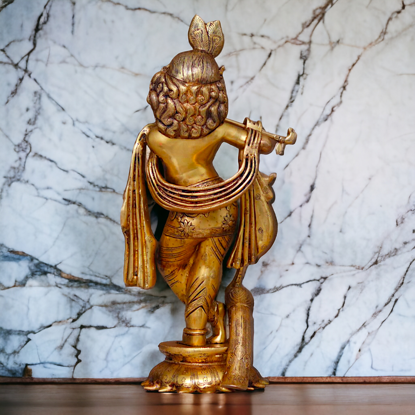 Pure Brass Krishna Playing Flute with peacock idol - 27 Inches Nikuressence