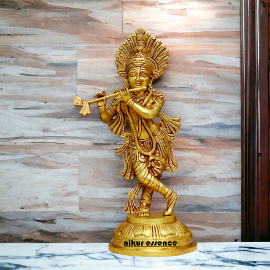 Pure Pital Krishna Playing Flute Brass idol - 14.5 Inches Nikuressence