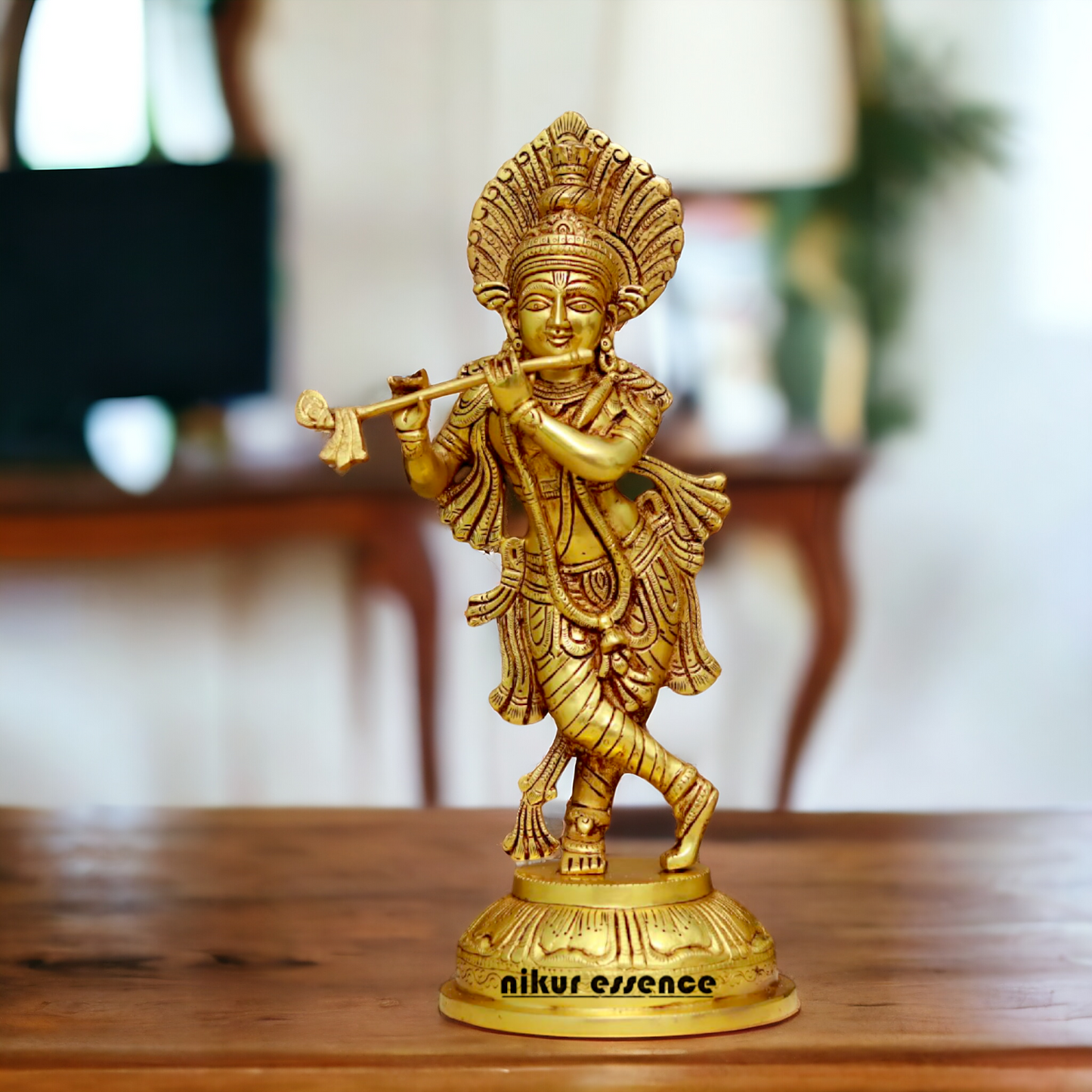 Pure Pital Krishna Playing Flute Brass idol - 14.5 Inches Nikuressence