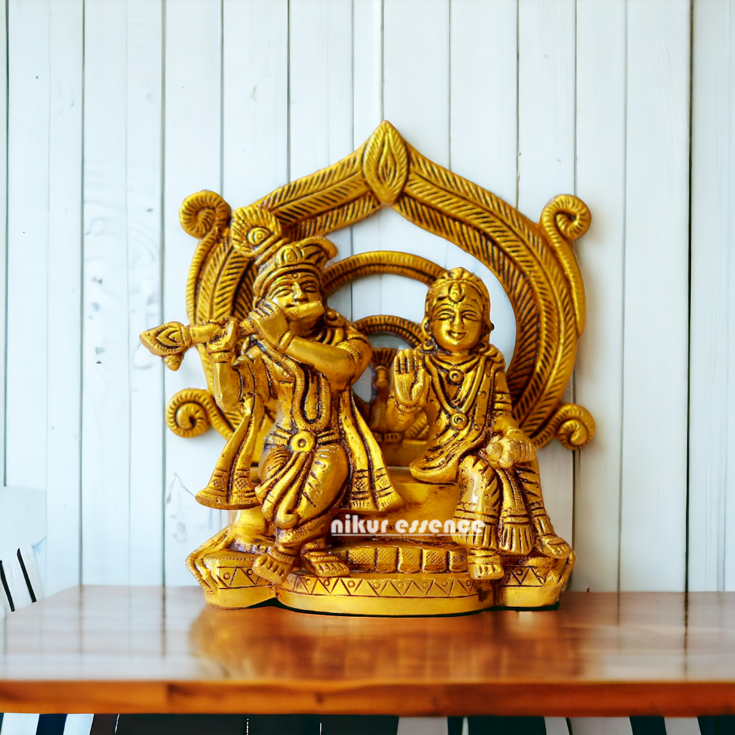 Pital Radha Krishna Sitting Playing Flute Brass idol - 6 Inches Nikuressence