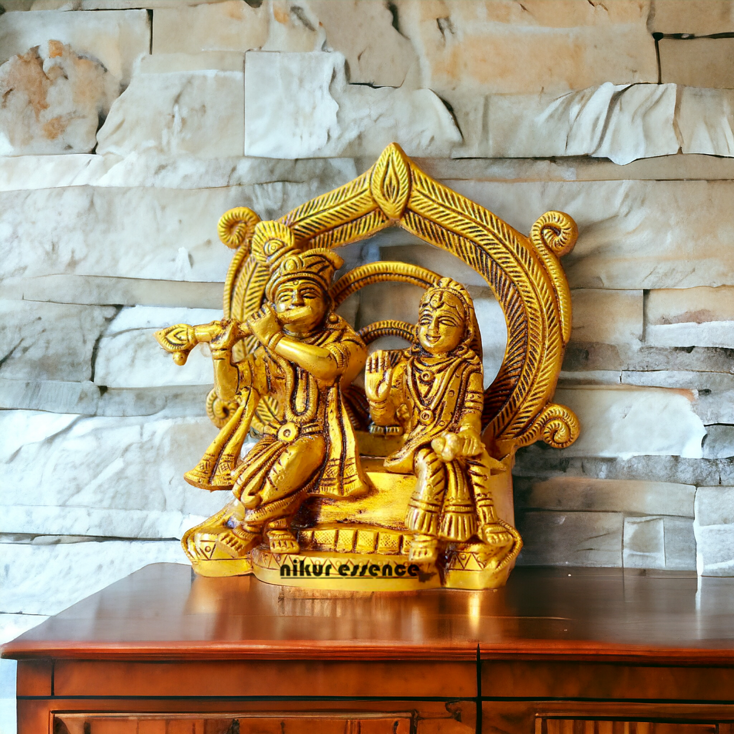 Pital Radha Krishna Sitting Playing Flute Brass idol - 6 Inches Nikuressence