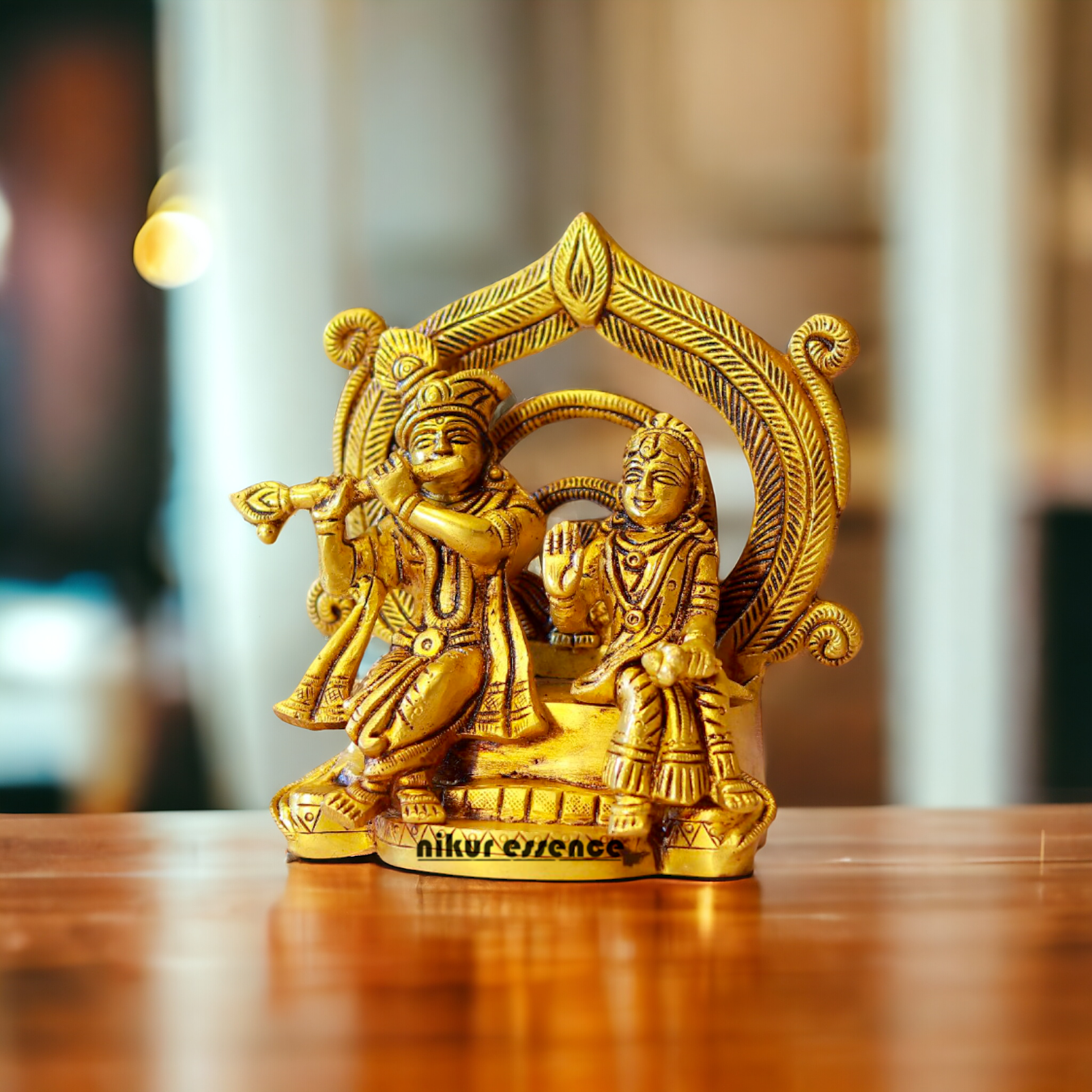 Pital Radha Krishna Sitting Playing Flute Brass idol - 6 Inches Nikuressence