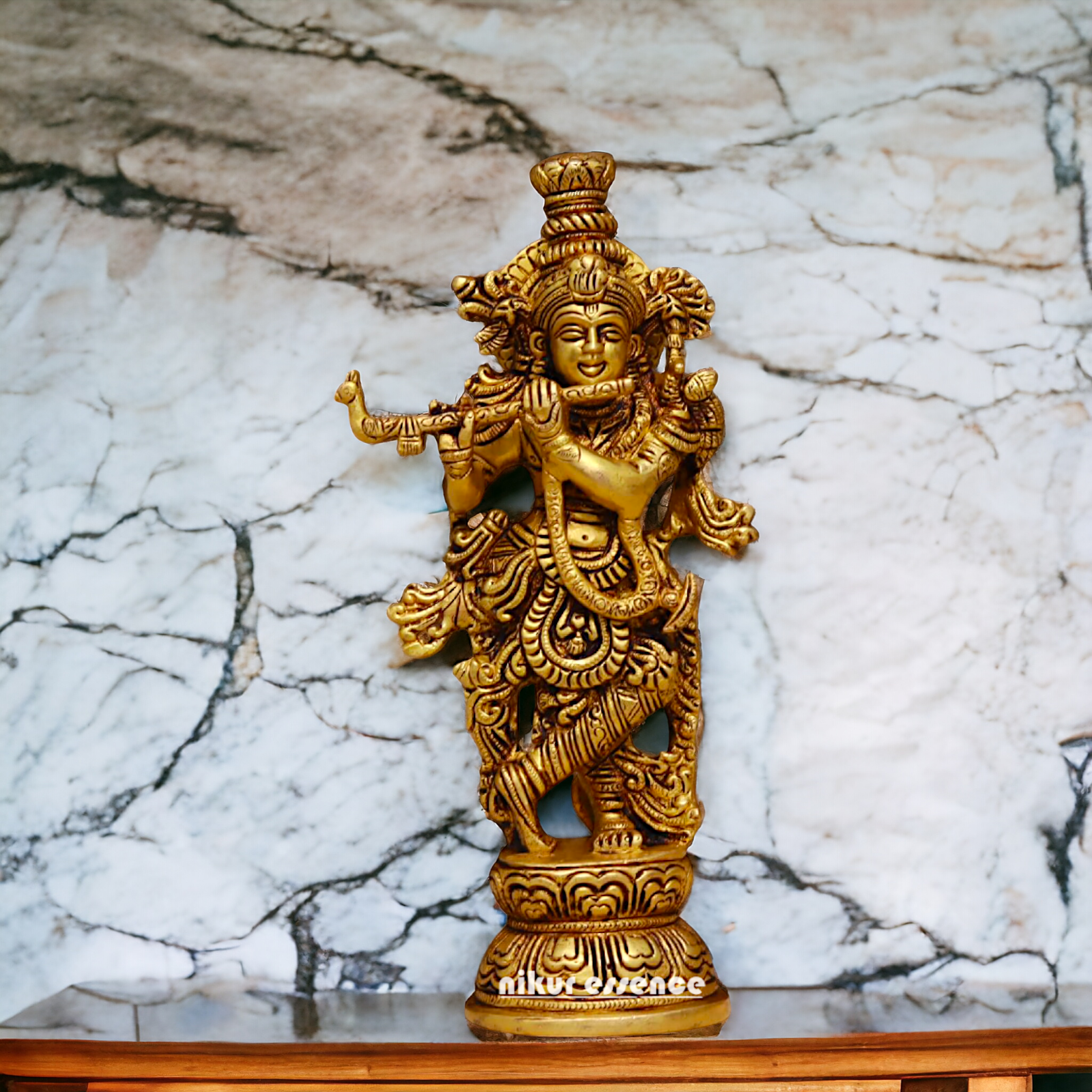 Pital Krishna Playing Flute antique Brass Murti - 9 inches Nikuressence