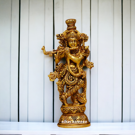 Pital Krishna Playing Flute antique Brass Murti - 9 inches Nikuressence