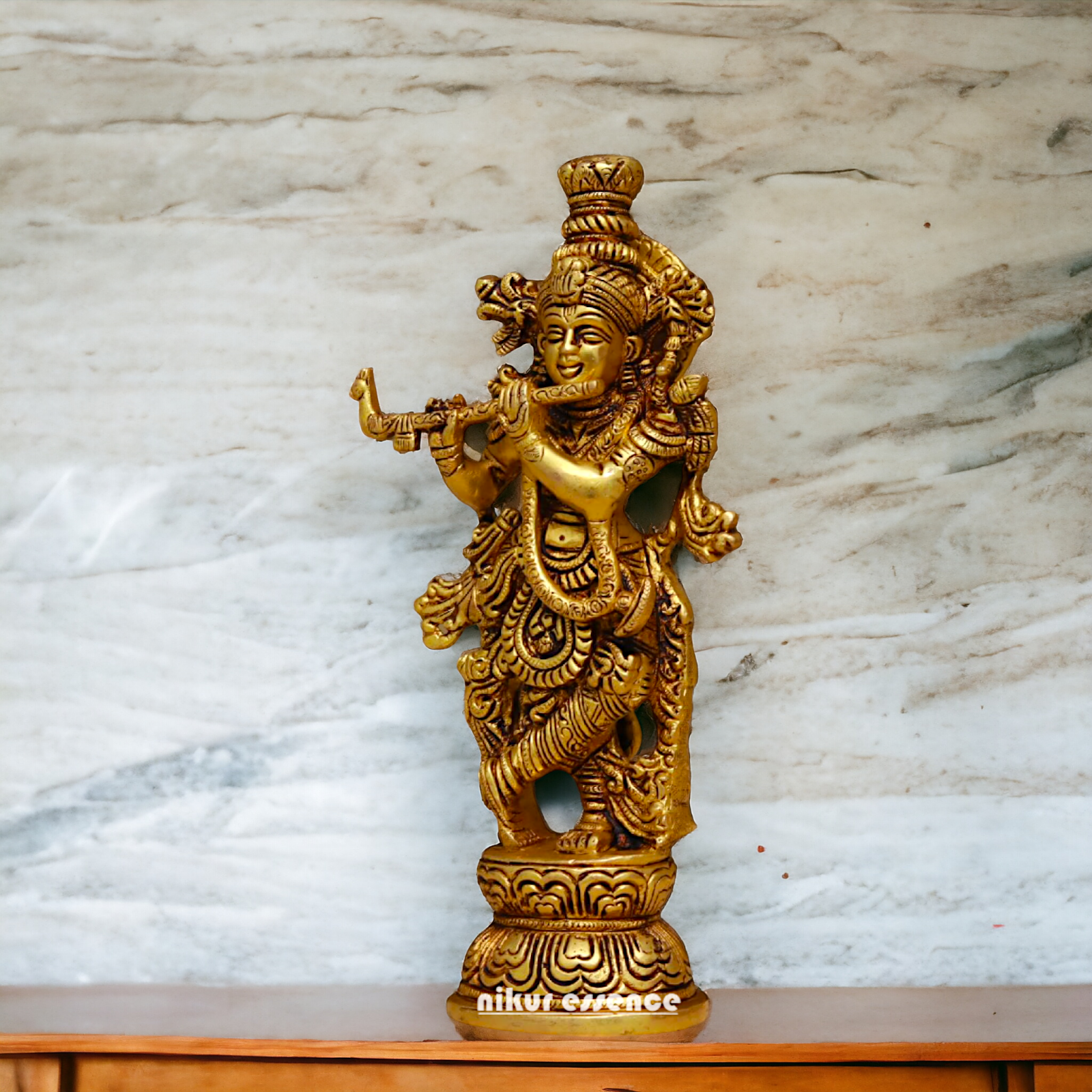 Pital Krishna Playing Flute antique Brass Murti - 9 inches Nikuressence