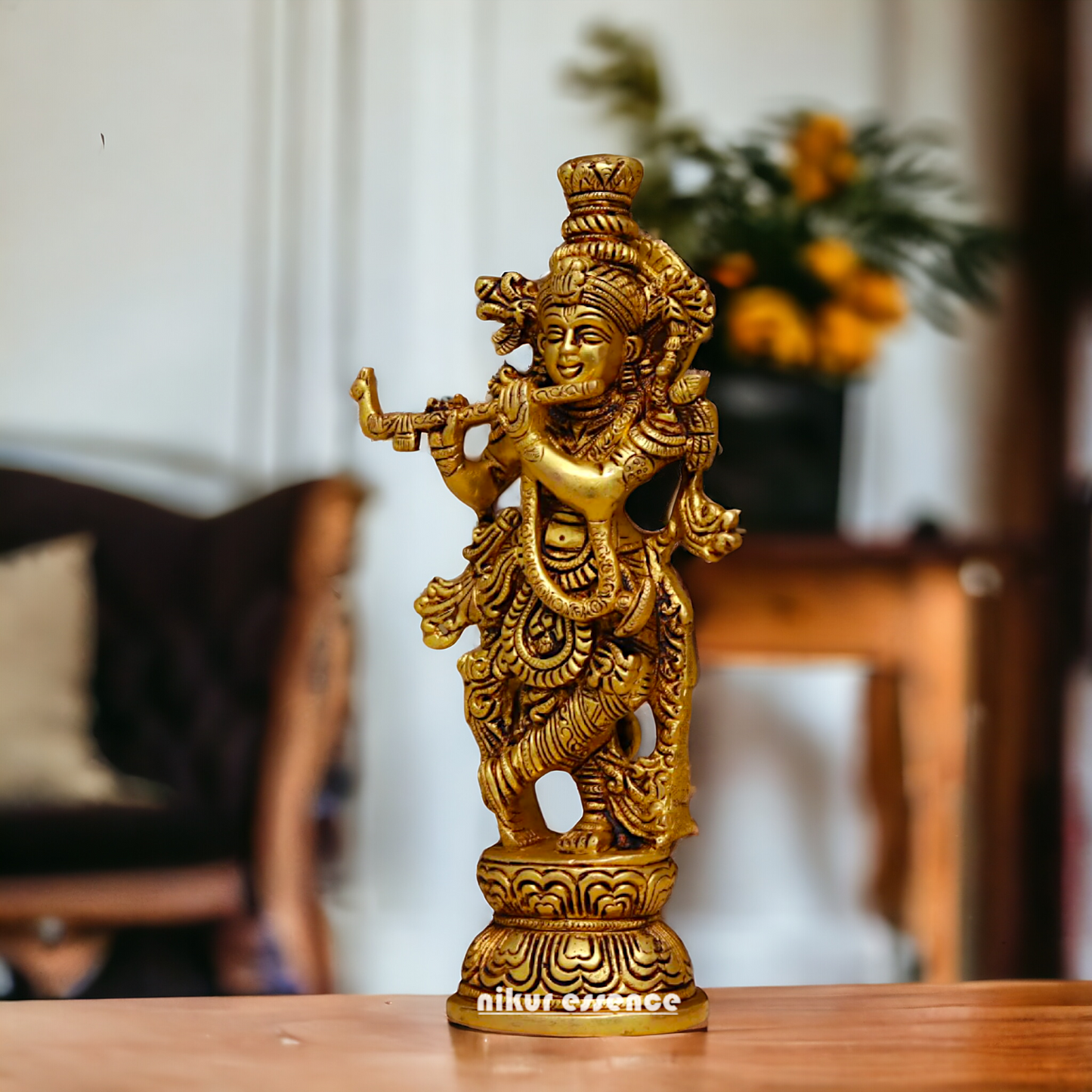 Pital Krishna Playing Flute antique Brass Murti - 9 inches Nikuressence