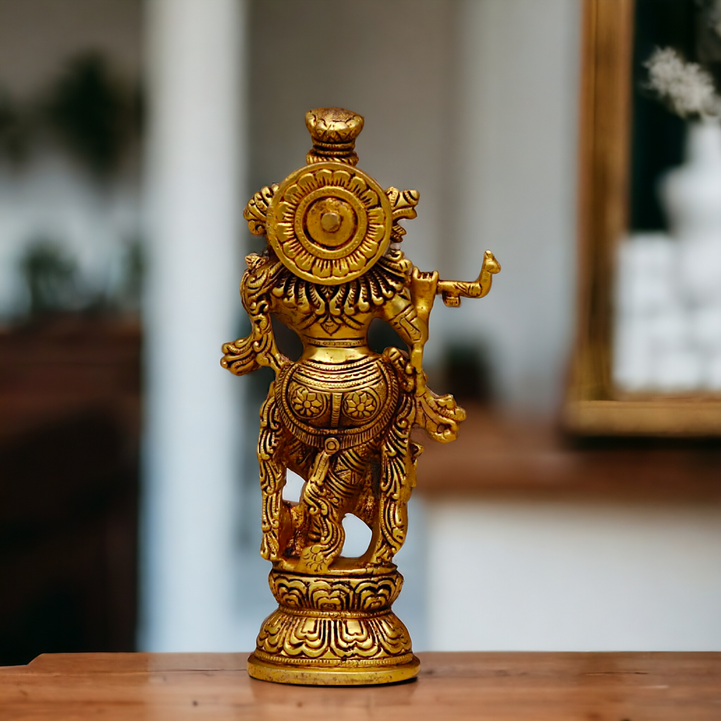 Pital Krishna Playing Flute antique Brass Murti - 9 inches Nikuressence