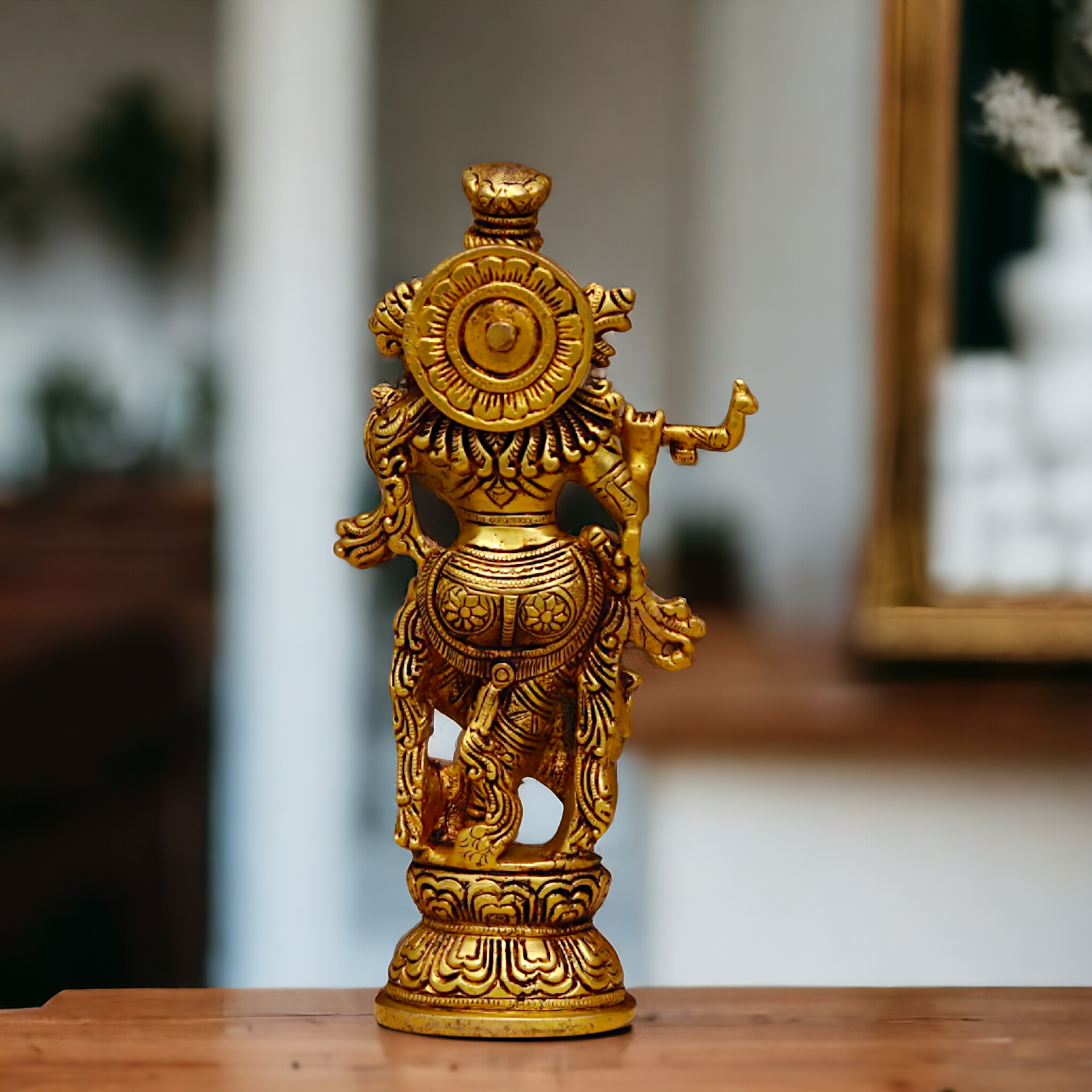 Pital Krishna Playing Flute antique Brass Murti - 9 inches Nikuressence