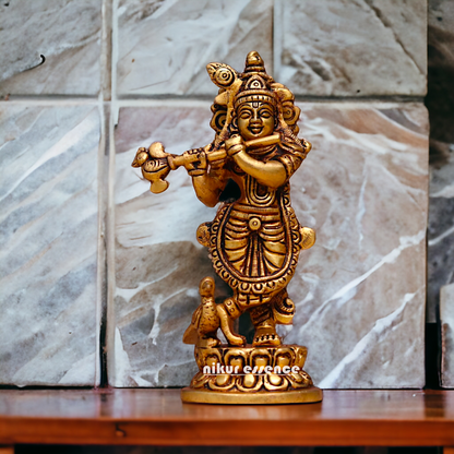 Antique Brass Krishna Standing Playing Flute idol - 6 inches Nikuressence