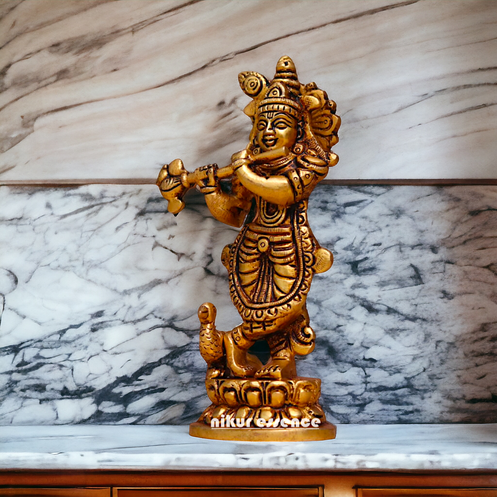 Antique Brass Krishna Standing Playing Flute idol - 6 inches Nikuressence