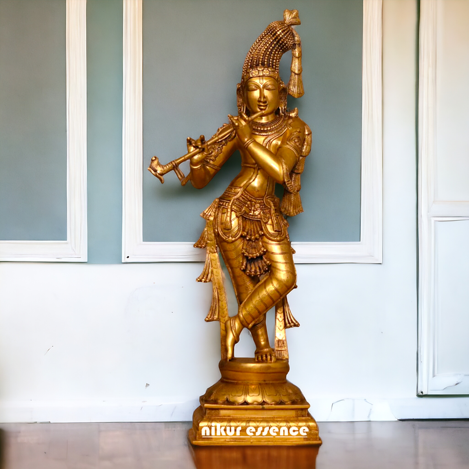 Large Krishna Murli Standing with Playing Flute pure Brass idol - 36 inches Nikuressence