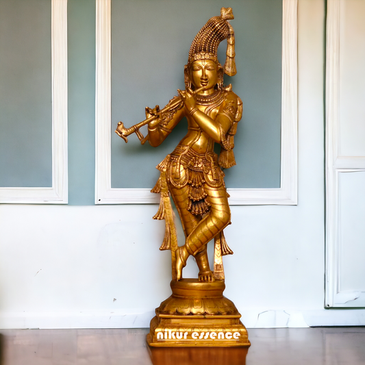 Large Krishna Murli Standing with Playing Flute pure Brass idol - 36 inches Nikuressence