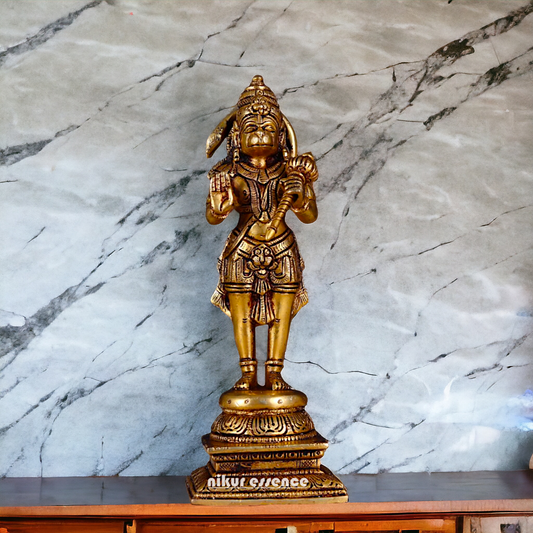Antique Brass Hanuman ji Standing with Gada idol - 9.6 inches Nikuressence
